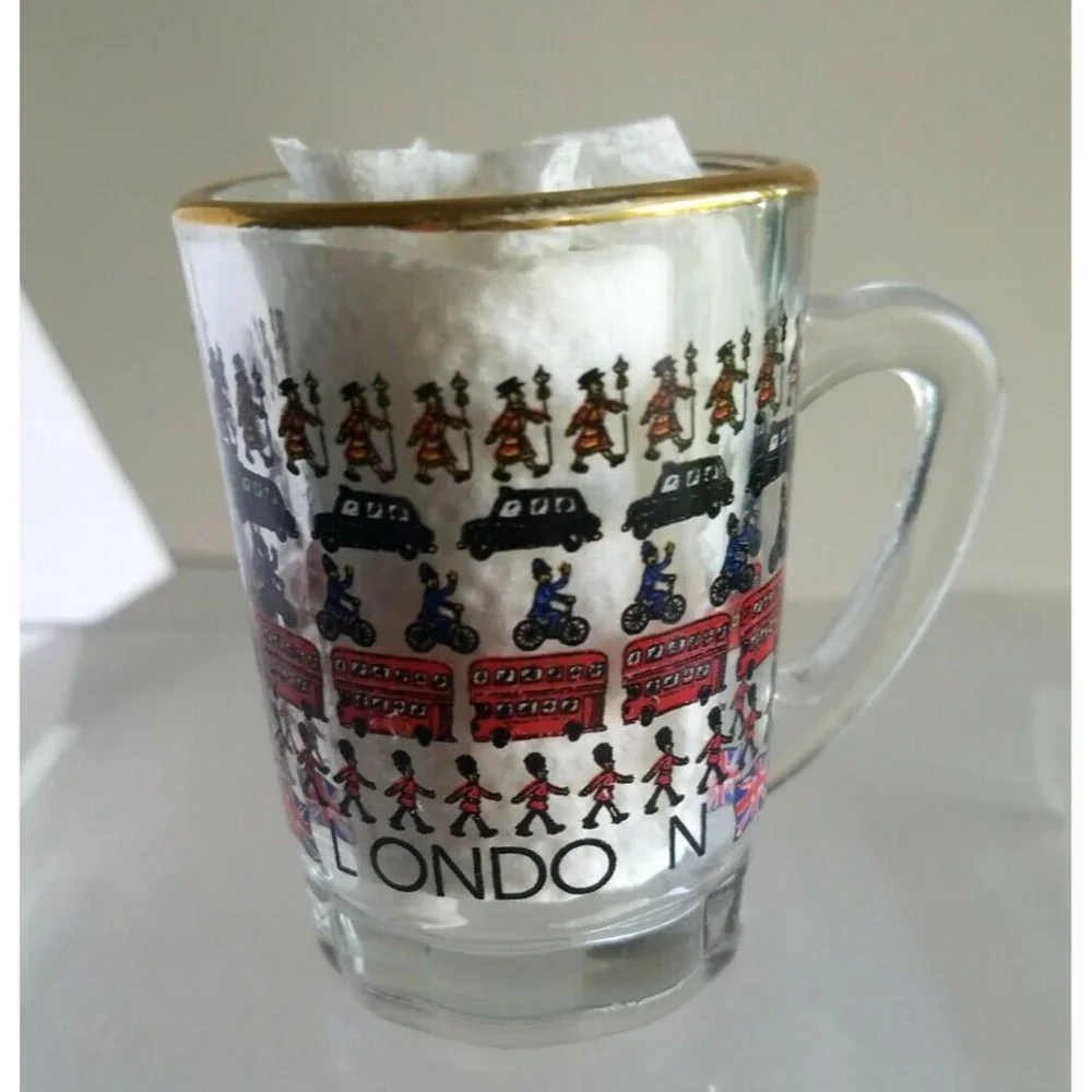 Vintage London Double Shot Glass with Handle Gold trim Double Decker Bus Flag +